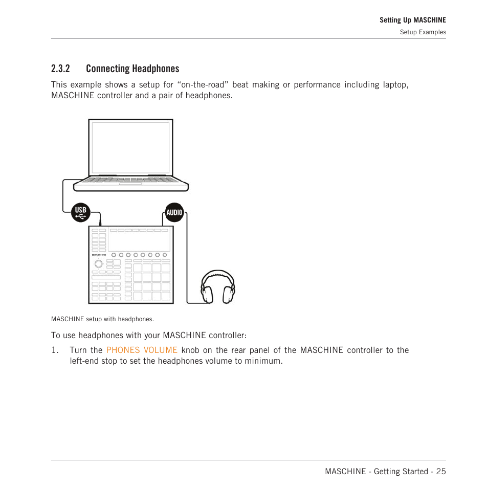 Connecting headphones, 2 connecting headphones | Native Instruments MASCHINE MK3 Groove Production Studio (Black) User Manual | Page 25 / 209