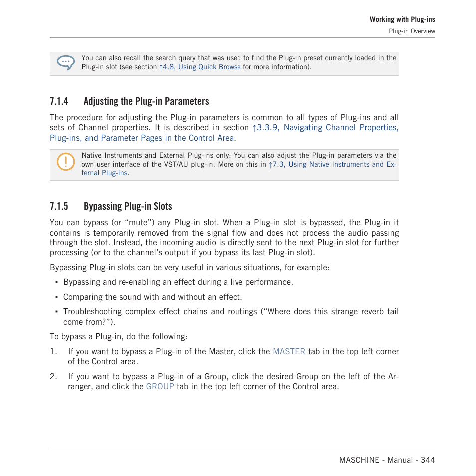 Adjusting the plug-in parameters, Bypassing plug-in slots, 4 adjusting the plug-in parameters | 5 bypassing plug-in slots | Native Instruments MASCHINE MK3 Groove Production Studio (Black) User Manual | Page 344 / 976
