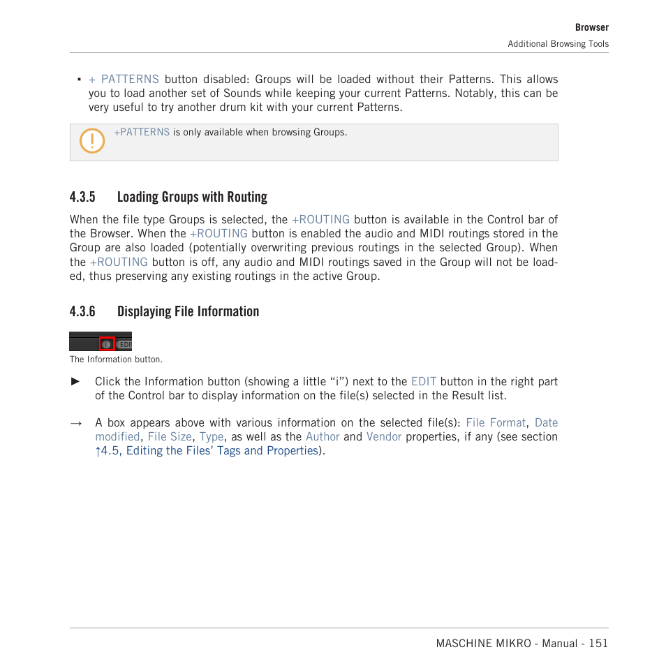 Loading groups with routing, Displaying file information, 6, displaying file informa | Tion, 5 loading groups with routing, 6 displaying file information | Native Instruments MASCHINE MIKRO MK3 Groove Production Studio (Black) User Manual | Page 151 / 807