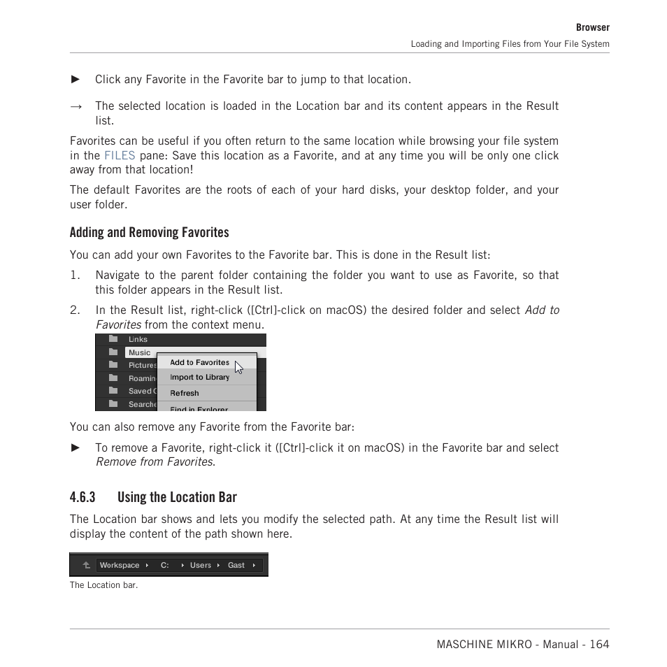 Using the location bar, 3, using the location bar, Adding and removing favorites | 3 using the location bar | Native Instruments MASCHINE MIKRO MK3 Groove Production Studio (Black) User Manual | Page 164 / 807
