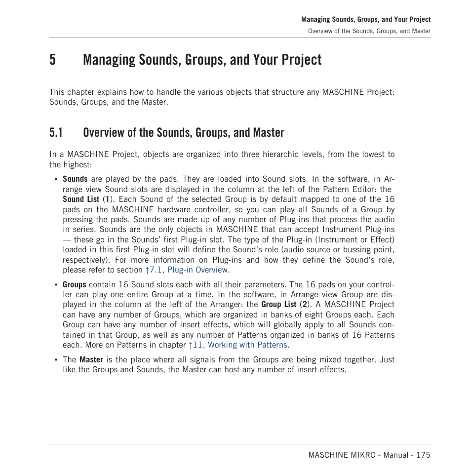 Managing sounds, groups, and your project, Overview of the sounds, groups, and master, Fer to chapter | 5, managing sounds, groups, and your project, For more information on sounds, 5managing sounds, groups, and your project, 1 overview of the sounds, groups, and master | Native Instruments MASCHINE MIKRO MK3 Groove Production Studio (Black) User Manual | Page 175 / 807