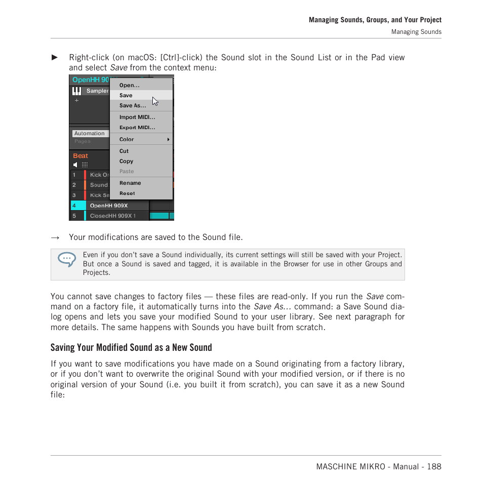Saving your modified sound as a new sound | Native Instruments MASCHINE MIKRO MK3 Groove Production Studio (Black) User Manual | Page 188 / 807