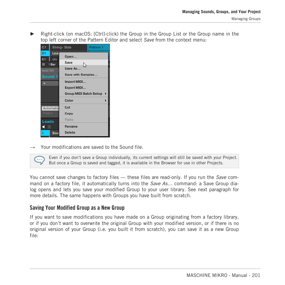 Saving your modified group as a new group | Native Instruments MASCHINE MIKRO MK3 Groove Production Studio (Black) User Manual | Page 201 / 807