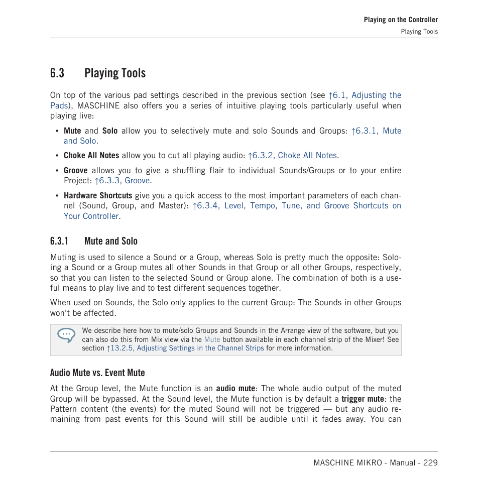 Playing tools, Mute and solo, 3 playing tools | 1 mute and solo, Audio mute vs. event mute | Native Instruments MASCHINE MIKRO MK3 Groove Production Studio (Black) User Manual | Page 229 / 807