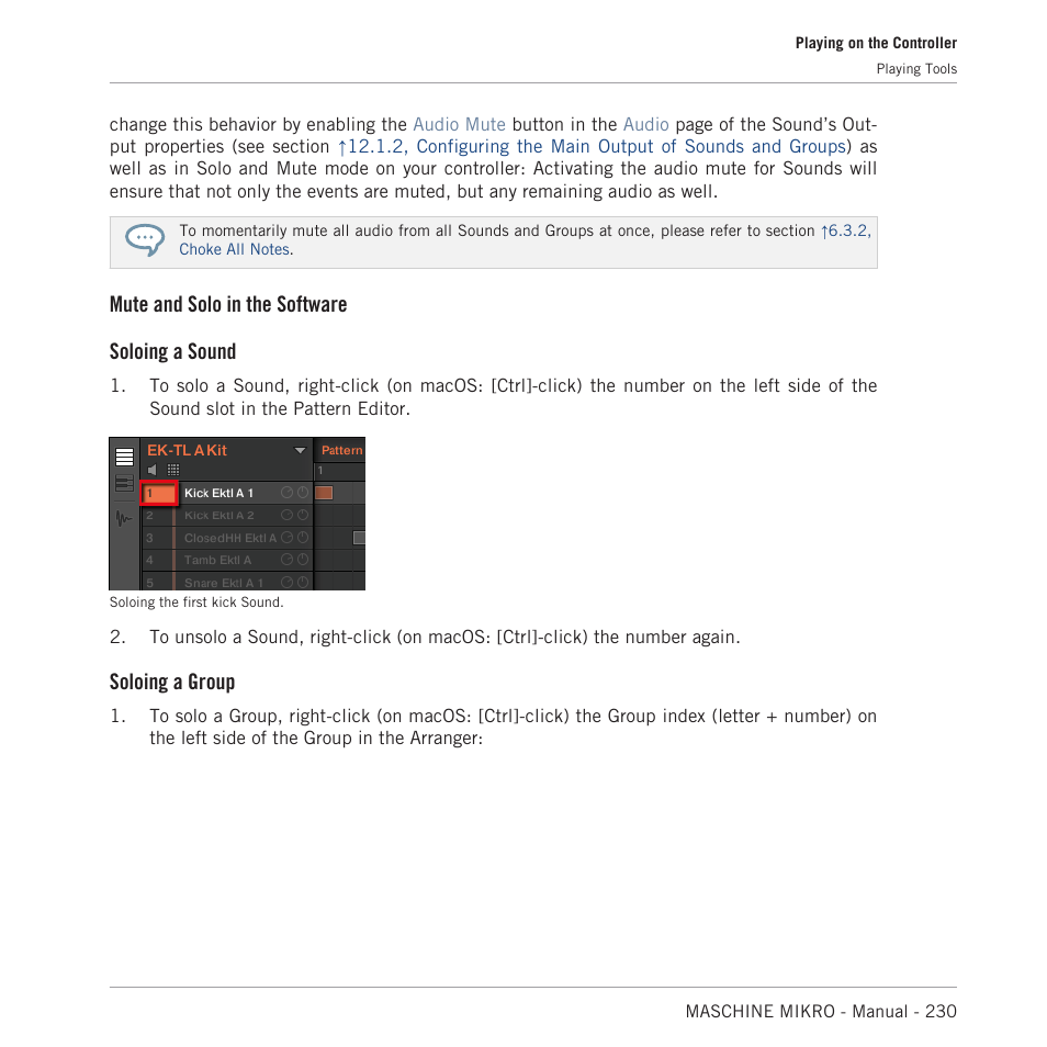 Mute and solo in the software soloing a sound, Soloing a group | Native Instruments MASCHINE MIKRO MK3 Groove Production Studio (Black) User Manual | Page 230 / 807