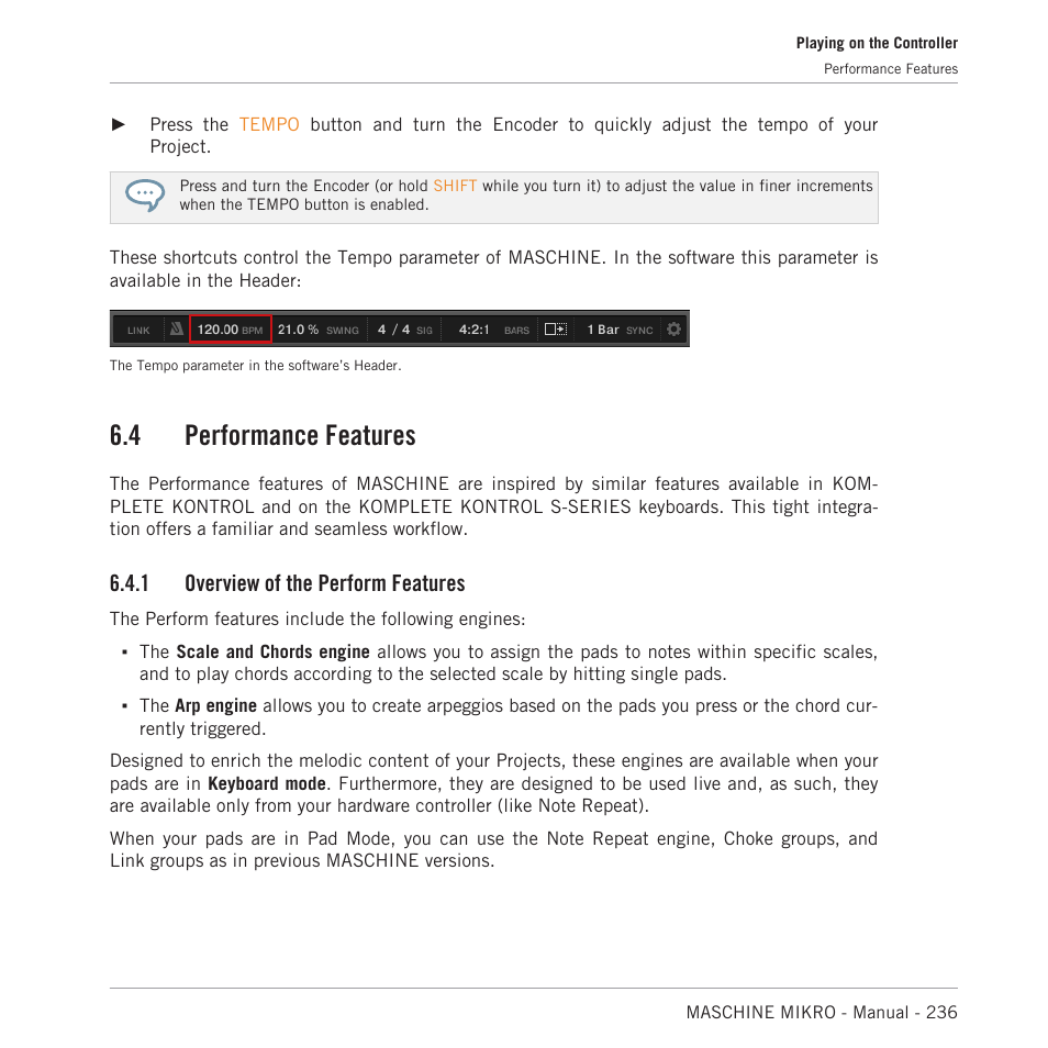 Performance features, Overview of the perform features, 4, performance features | 4 performance features, 1 overview of the perform features | Native Instruments MASCHINE MIKRO MK3 Groove Production Studio (Black) User Manual | Page 236 / 807
