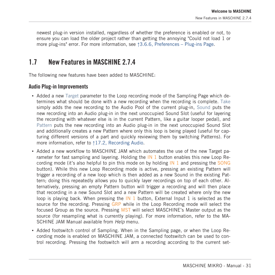 New features in maschine 2.7.4, 7 new features in maschine 2.7.4, Audio plug-in improvements | Native Instruments MASCHINE MIKRO MK3 Groove Production Studio (Black) User Manual | Page 31 / 807
