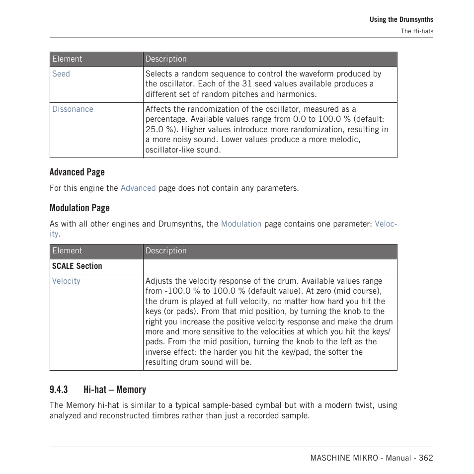 Hi-hat – memory, 3, hi-hat – memory, Advanced page | Modulation page | Native Instruments MASCHINE MIKRO MK3 Groove Production Studio (Black) User Manual | Page 362 / 807