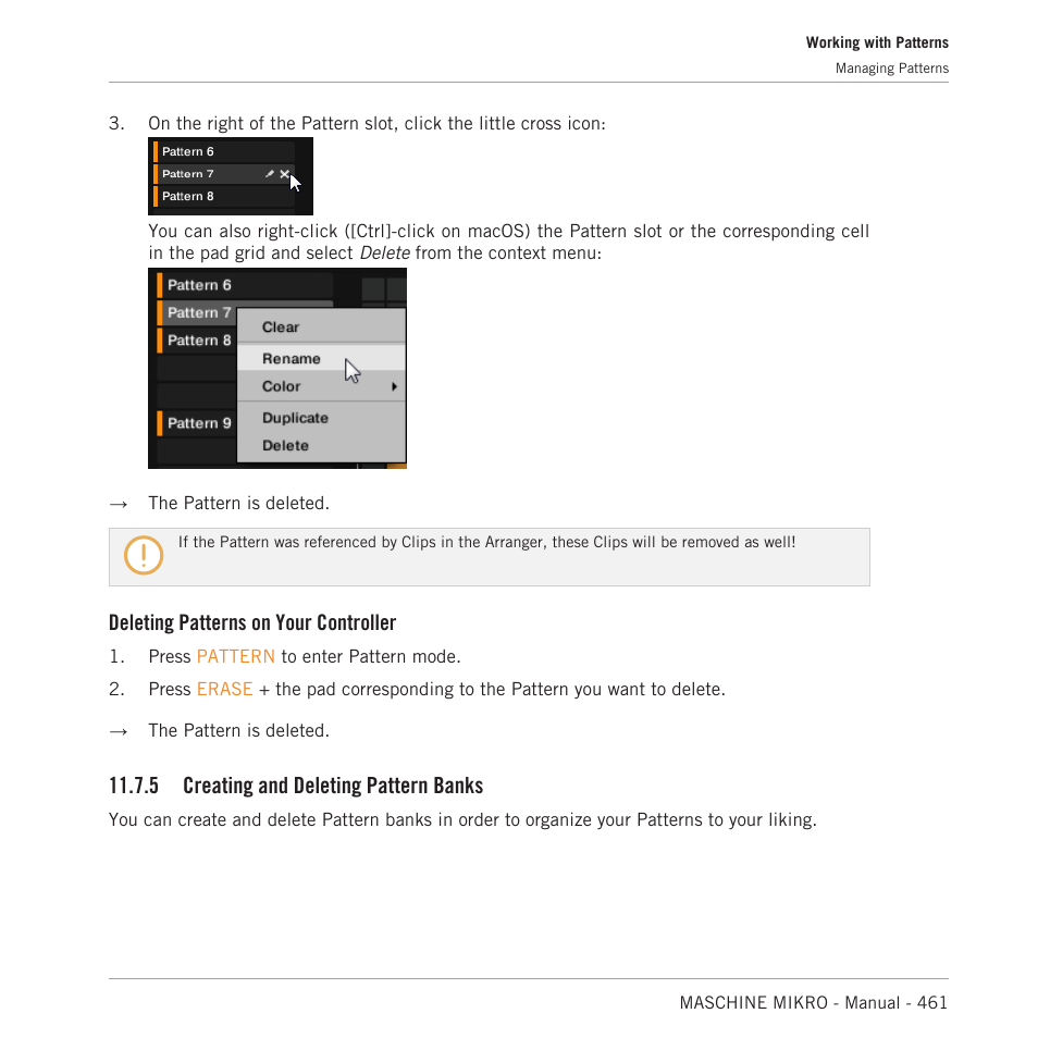 Creating and deleting pattern banks, Deleting patterns on your controller, 5 creating and deleting pattern banks | Native Instruments MASCHINE MIKRO MK3 Groove Production Studio (Black) User Manual | Page 461 / 807