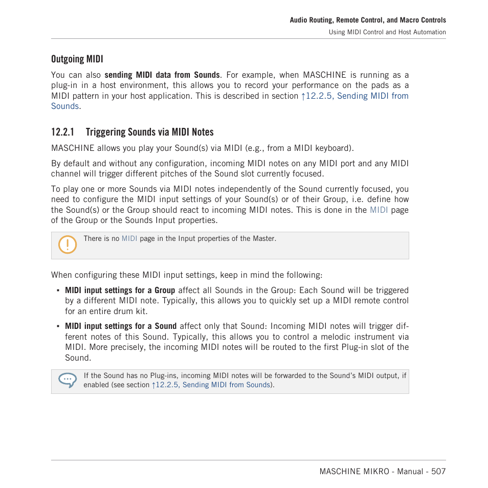 Triggering sounds via midi notes, Receive midi, refer to section, 1, triggering sounds via midi | Notes, Groups. these are described in section, 1, triggering sounds via midi notes, Outgoing midi | Native Instruments MASCHINE MIKRO MK3 Groove Production Studio (Black) User Manual | Page 507 / 807
