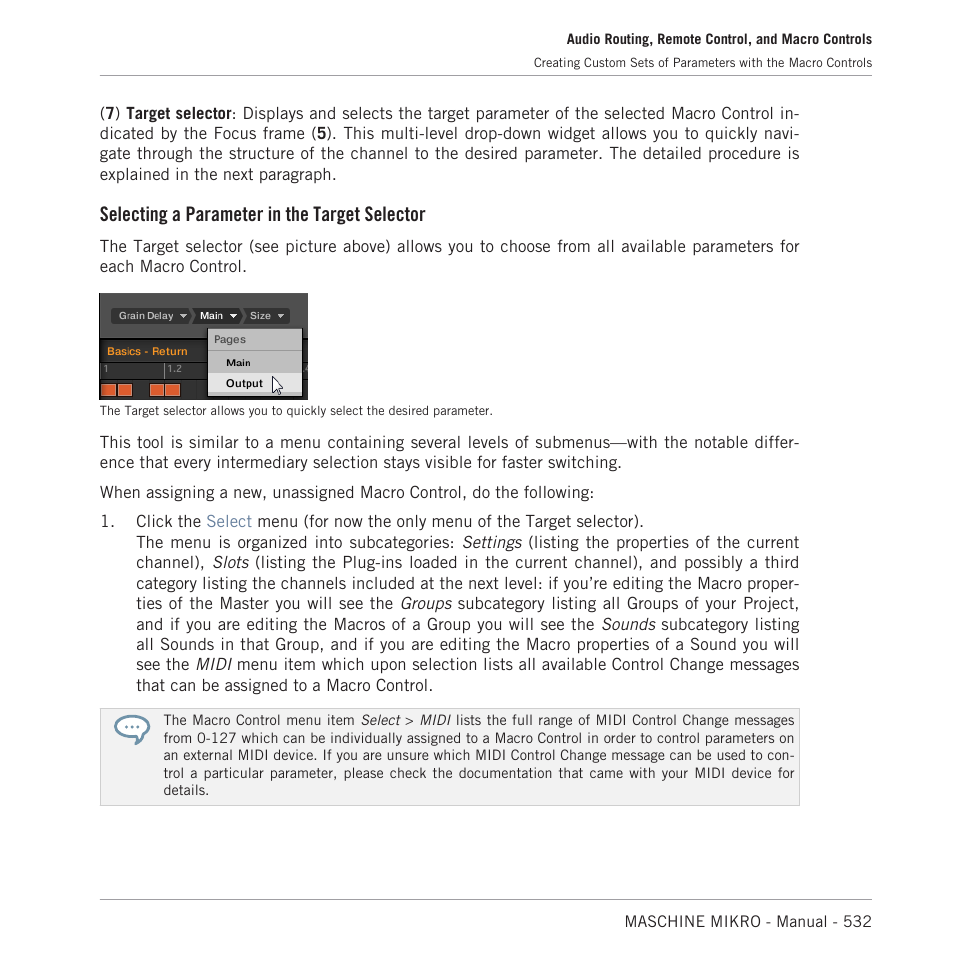 Selecting a parameter in the target selector | Native Instruments MASCHINE MIKRO MK3 Groove Production Studio (Black) User Manual | Page 532 / 807