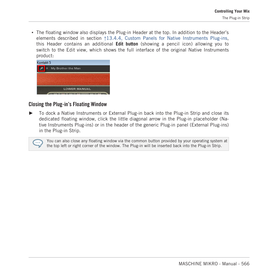 Closing the plug-in’s floating window | Native Instruments MASCHINE MIKRO MK3 Groove Production Studio (Black) User Manual | Page 566 / 807