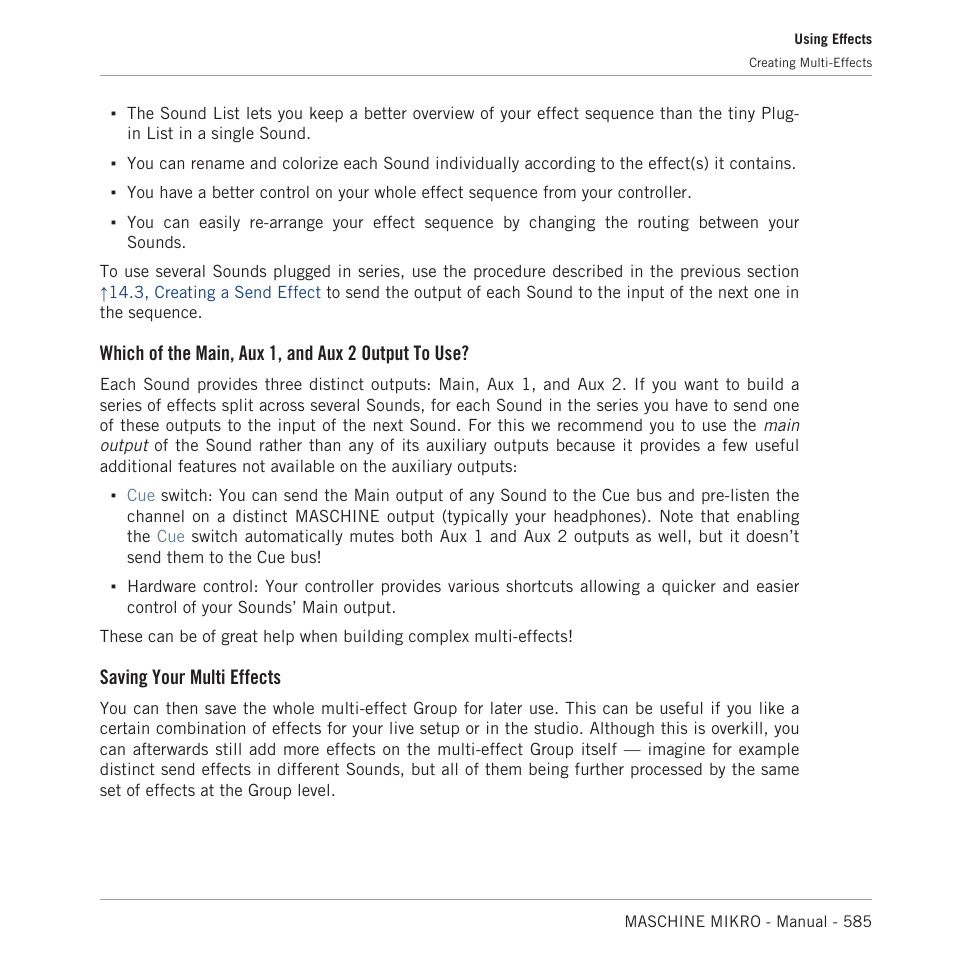 Which of the main, aux 1, and aux 2 output to use, Saving your multi effects | Native Instruments MASCHINE MIKRO MK3 Groove Production Studio (Black) User Manual | Page 585 / 807