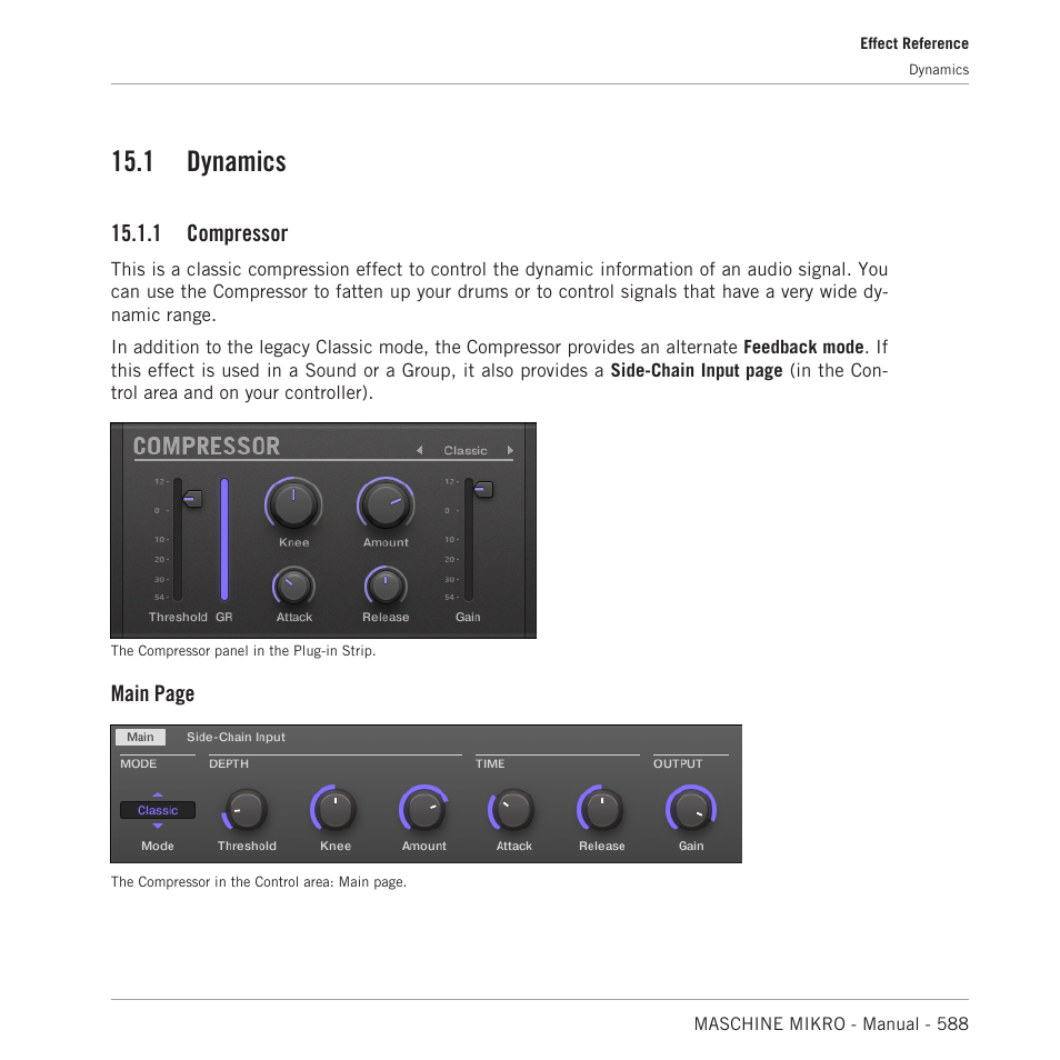 Dynamics, Compressor, 1 dynamics | 1 compressor, Main page | Native Instruments MASCHINE MIKRO MK3 Groove Production Studio (Black) User Manual | Page 588 / 807