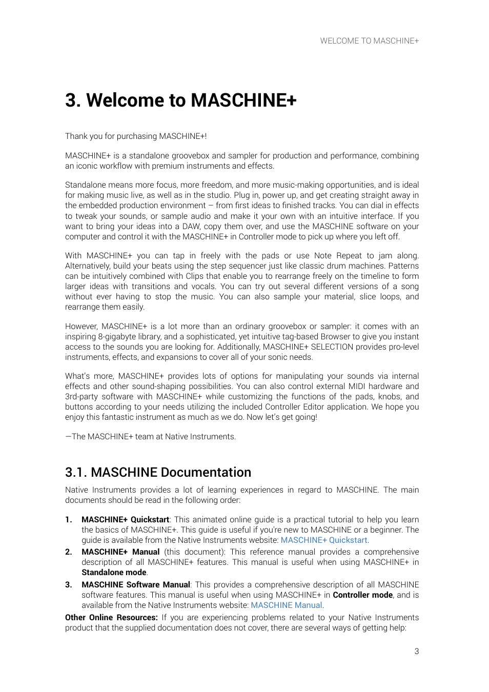 Welcome to maschine, Maschine documentation | Native Instruments MASCHINE+ Standalone Production and Performance Instrument User Manual | Page 10 / 215