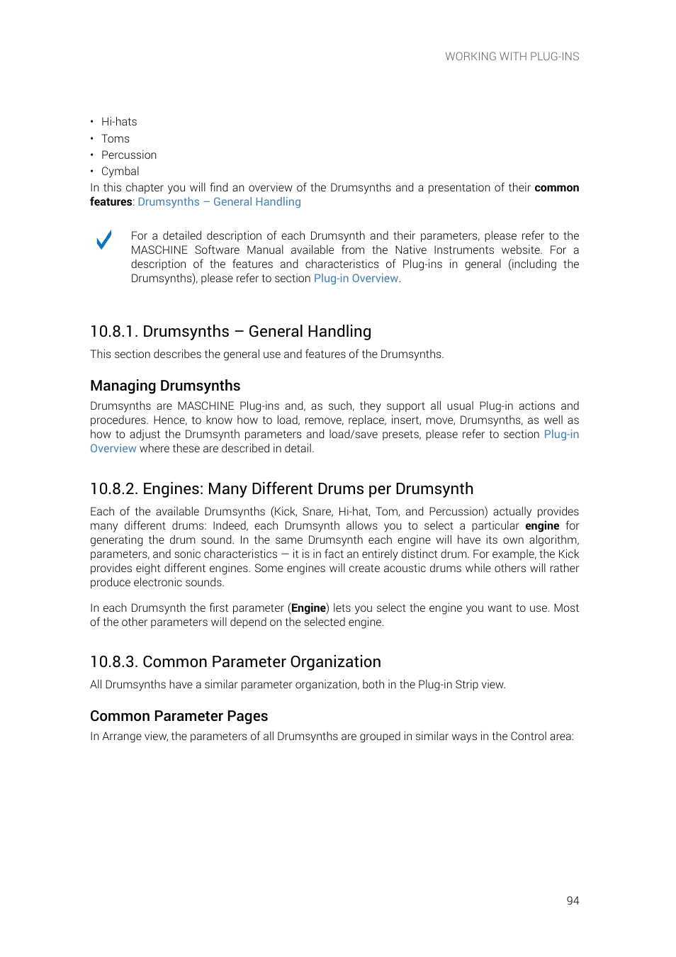 Drumsynths – general handling, Engines: many different drums per drumsynth, Common parameter organization | Native Instruments MASCHINE+ Standalone Production and Performance Instrument User Manual | Page 101 / 215