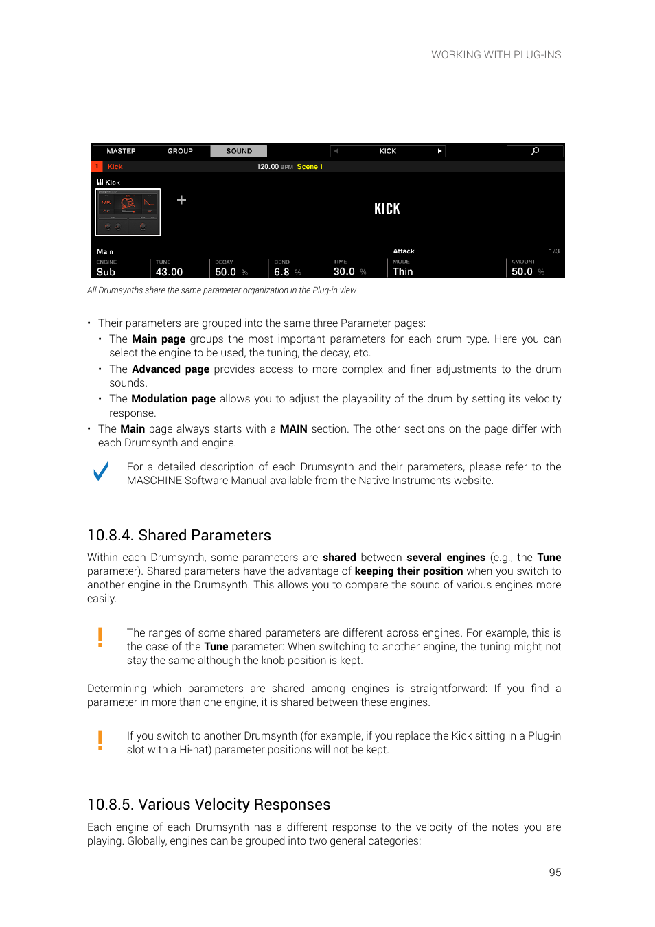 Shared parameters, Various velocity responses | Native Instruments MASCHINE+ Standalone Production and Performance Instrument User Manual | Page 102 / 215