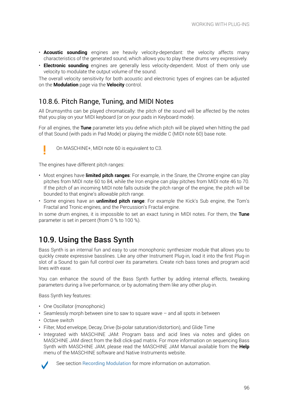 Pitch range, tuning, and midi notes, Using the bass synth | Native Instruments MASCHINE+ Standalone Production and Performance Instrument User Manual | Page 103 / 215