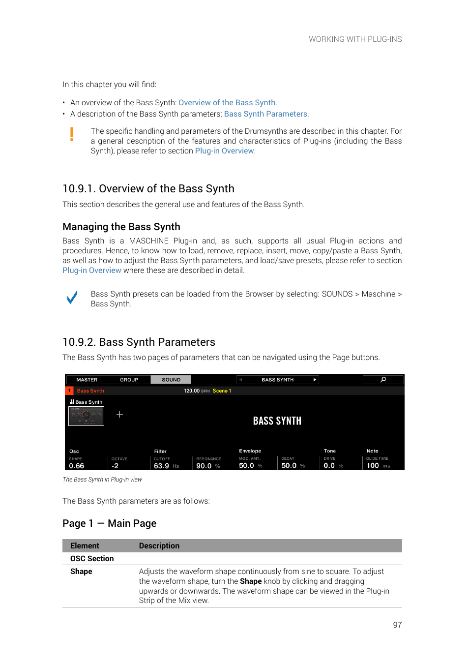 Overview of the bass synth, Bass synth parameters, Managing the bass synth | Page 1 — main page | Native Instruments MASCHINE+ Standalone Production and Performance Instrument User Manual | Page 104 / 215