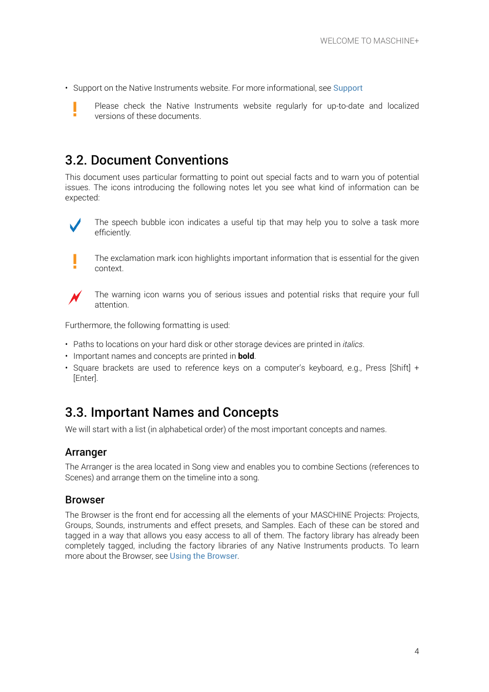 Document conventions, Important names and concepts | Native Instruments MASCHINE+ Standalone Production and Performance Instrument User Manual | Page 11 / 215