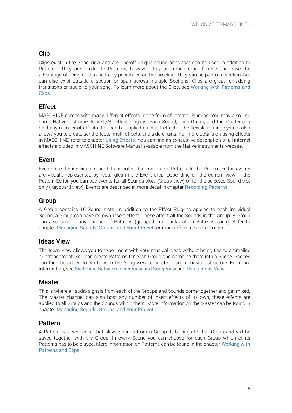 Clip, Effect, Event | Group, Ideas view, Master, Pattern | Native Instruments MASCHINE+ Standalone Production and Performance Instrument User Manual | Page 12 / 215