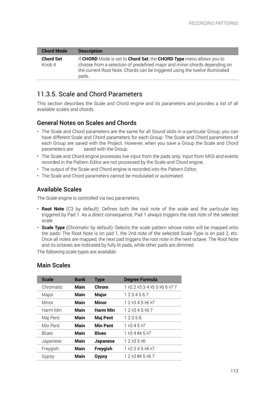 Scale and chord parameters, Available scales, Main scales | Native Instruments MASCHINE+ Standalone Production and Performance Instrument User Manual | Page 120 / 215