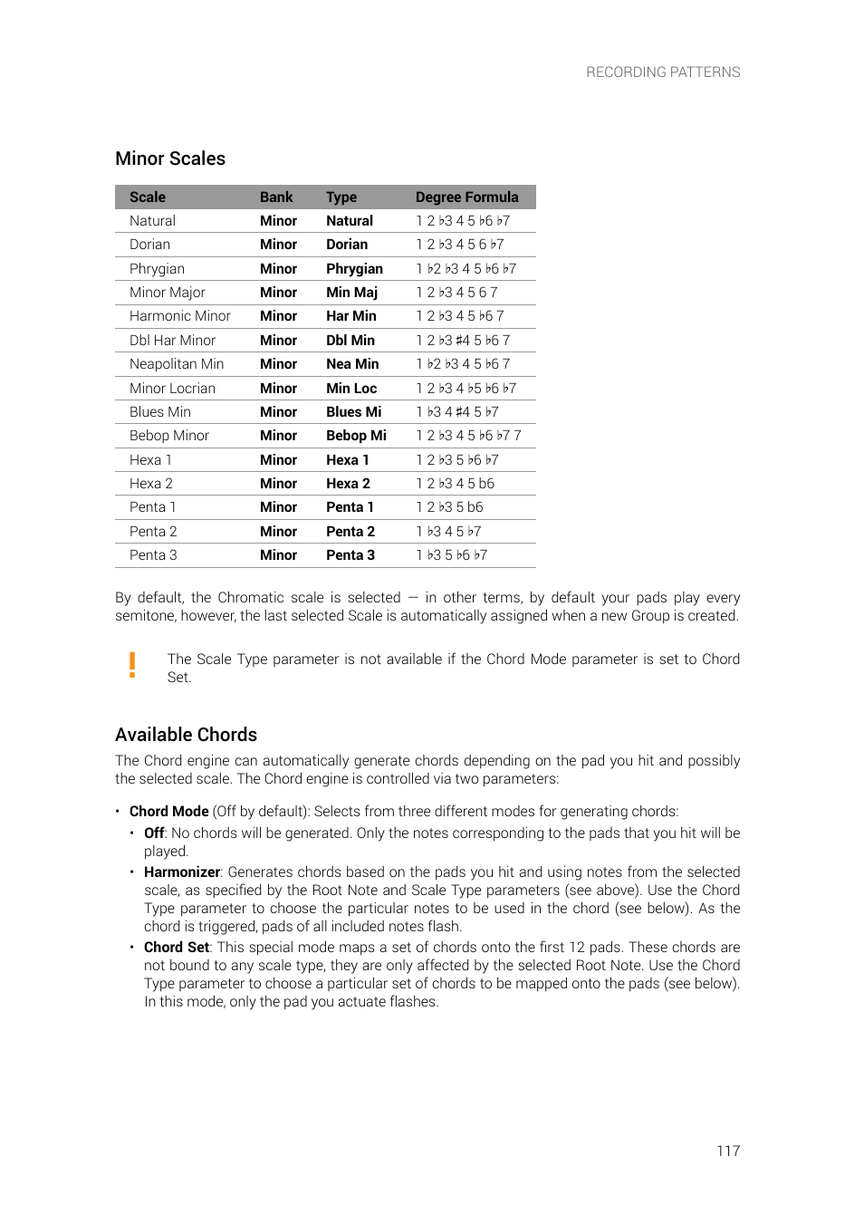 Minor scales, Available chords | Native Instruments MASCHINE+ Standalone Production and Performance Instrument User Manual | Page 124 / 215