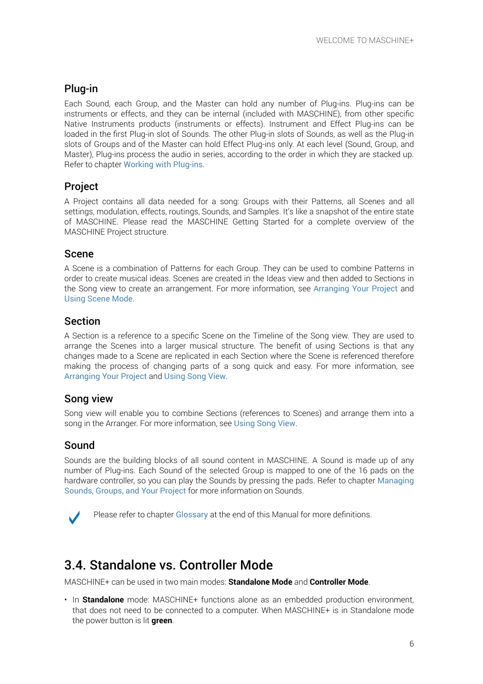 Standalone vs. controller mode, Plug-in, Project | Scene, Song view, Sound | Native Instruments MASCHINE+ Standalone Production and Performance Instrument User Manual | Page 13 / 215