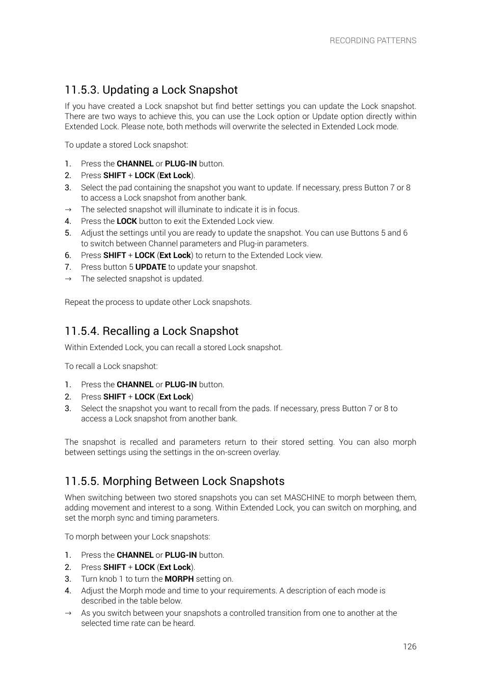 Updating a lock snapshot, Recalling a lock snapshot, Morphing between lock snapshots | Native Instruments MASCHINE+ Standalone Production and Performance Instrument User Manual | Page 133 / 215