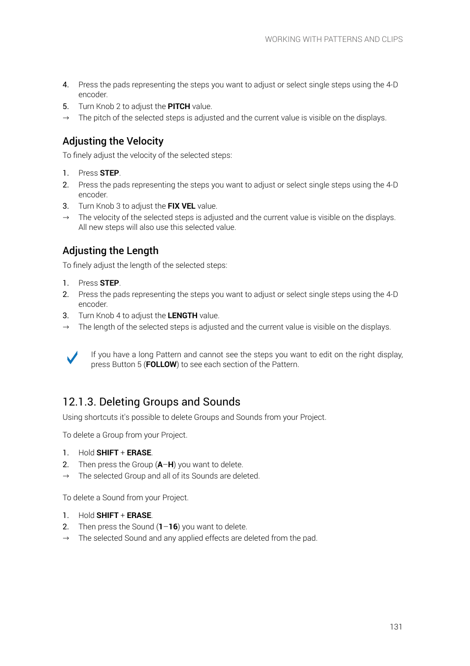 Deleting groups and sounds, Adjusting the velocity, Adjusting the length | Native Instruments MASCHINE+ Standalone Production and Performance Instrument User Manual | Page 138 / 215