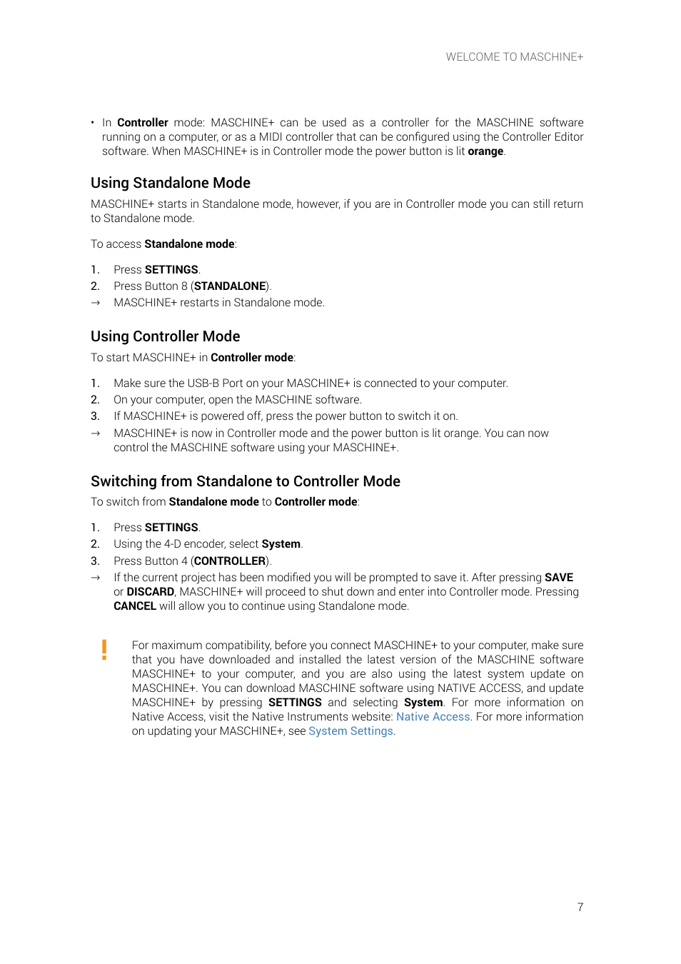 Using standalone mode, Using controller mode, Switching from standalone to controller mode | Native Instruments MASCHINE+ Standalone Production and Performance Instrument User Manual | Page 14 / 215