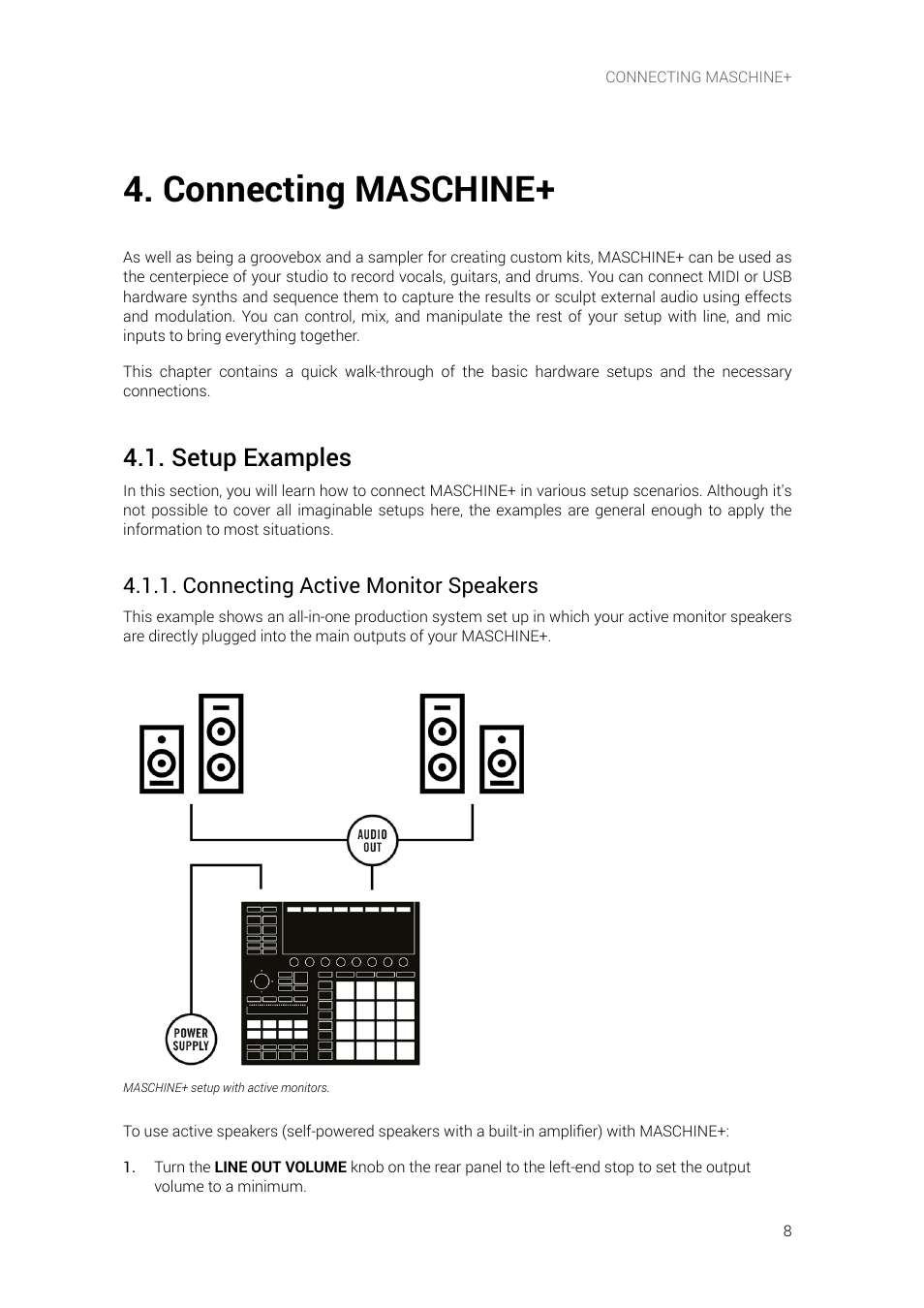 Connecting maschine, Setup examples, Connecting active monitor speakers | Native Instruments MASCHINE+ Standalone Production and Performance Instrument User Manual | Page 15 / 215