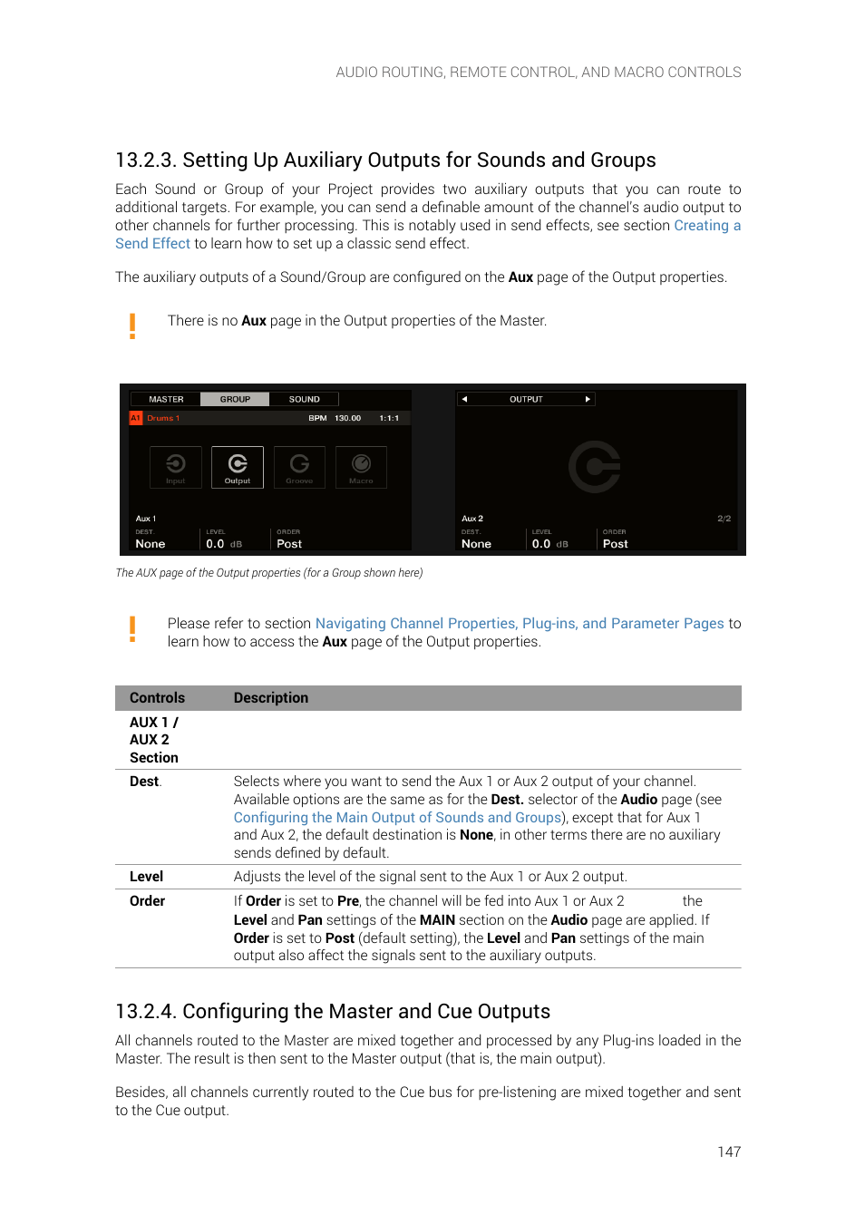 Setting up auxiliary outputs for sounds and groups, Configuring the master and cue outputs, Setting up auxiliary | Outputs for sounds and groups, E-listening, Configuring the master, And cue outputs | Native Instruments MASCHINE+ Standalone Production and Performance Instrument User Manual | Page 154 / 215