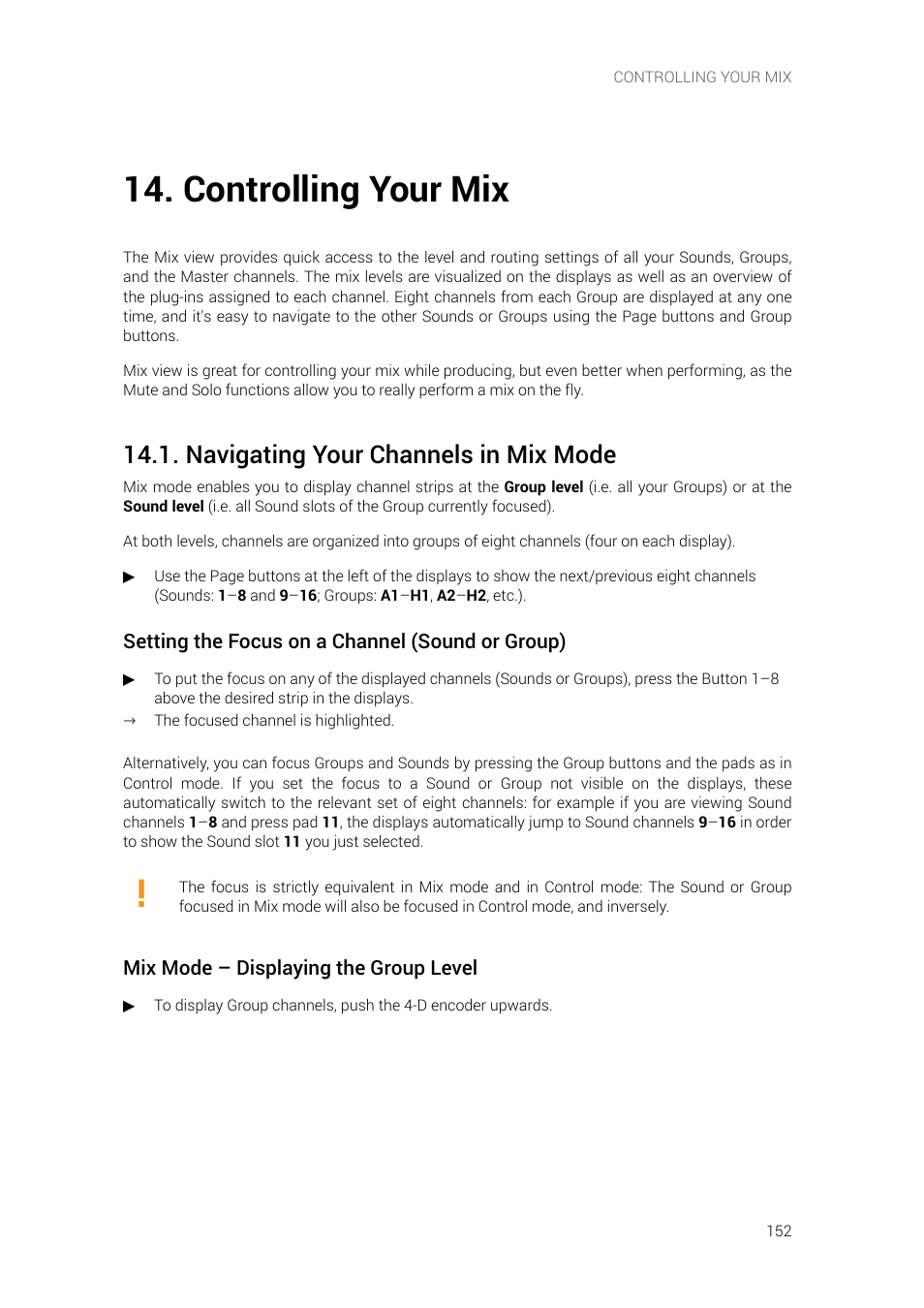 Controlling your mix, Navigating your channels in mix mode | Native Instruments MASCHINE+ Standalone Production and Performance Instrument User Manual | Page 159 / 215