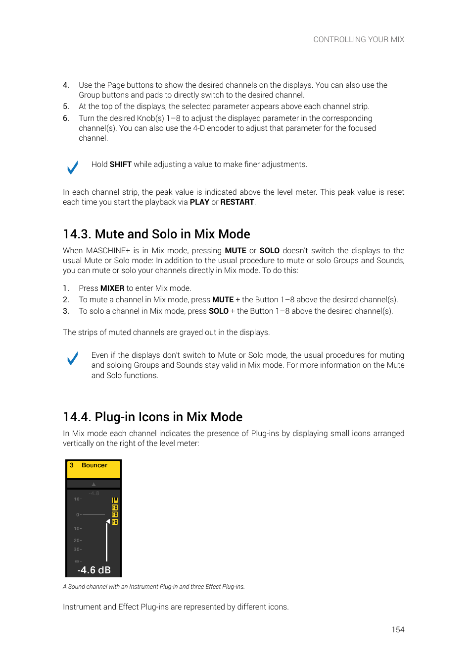 Mute and solo in mix mode, Plug-in icons in mix mode | Native Instruments MASCHINE+ Standalone Production and Performance Instrument User Manual | Page 161 / 215