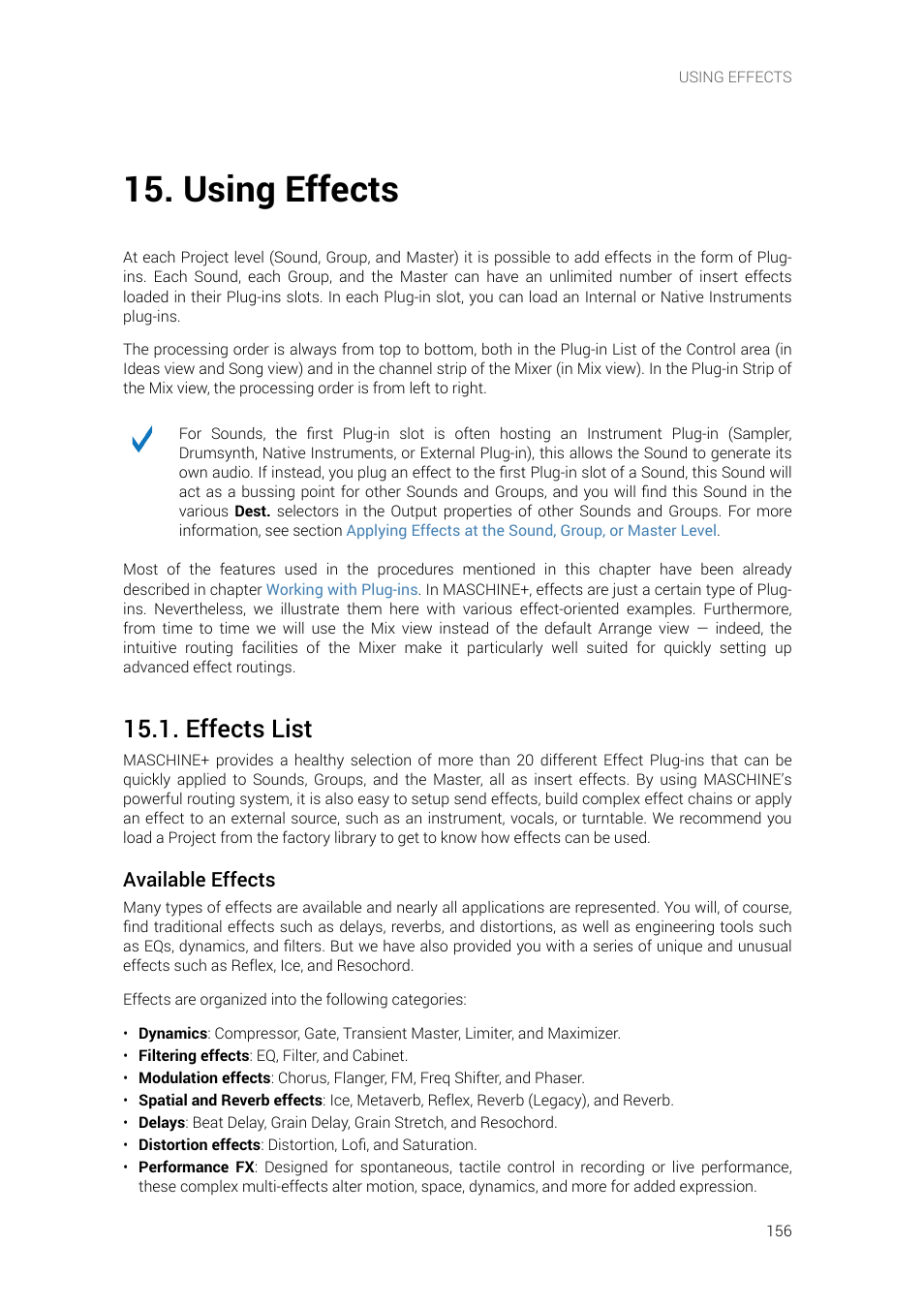 Using effects, Effects list, Available effects | Native Instruments MASCHINE+ Standalone Production and Performance Instrument User Manual | Page 163 / 215