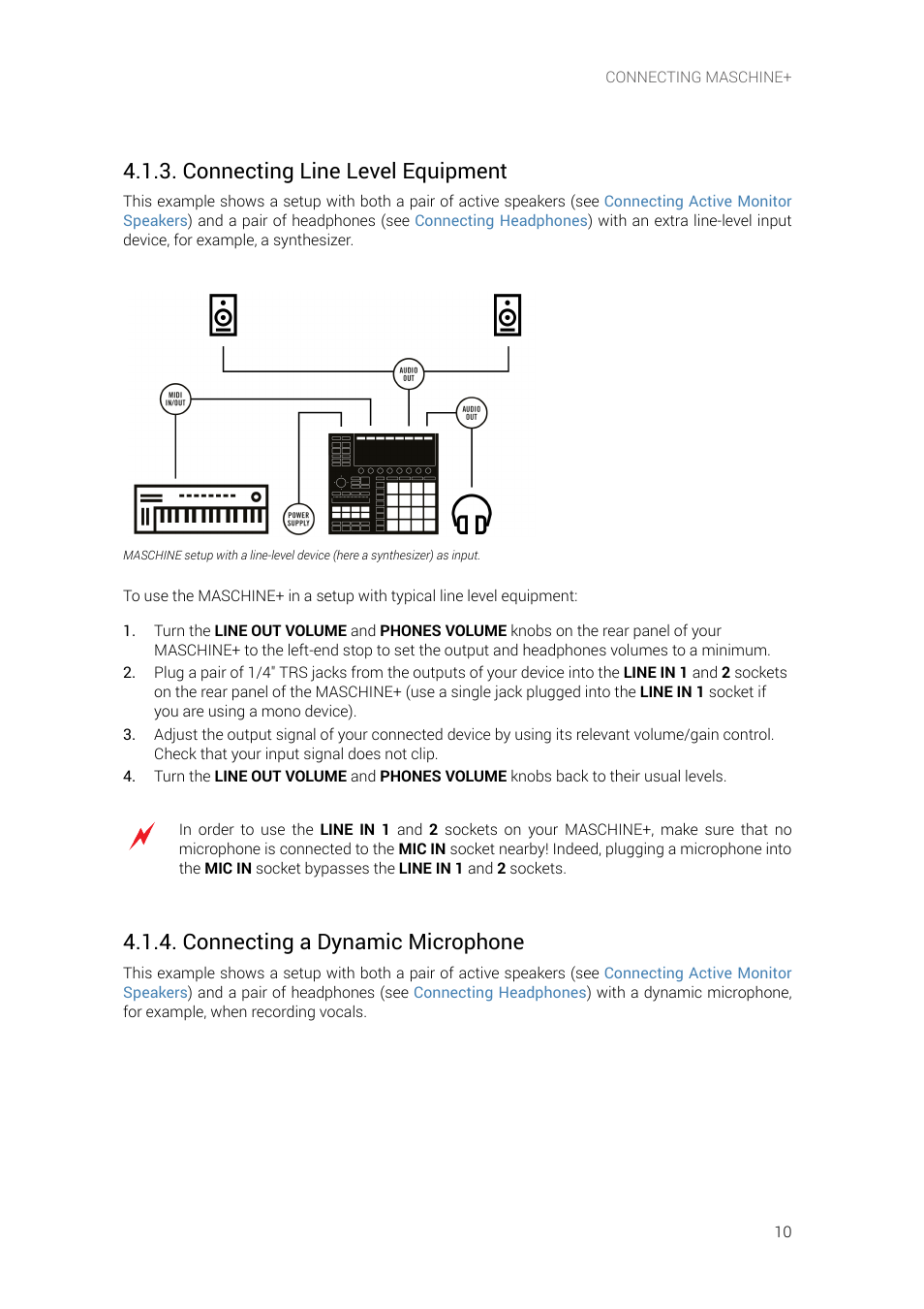 Connecting line level equipment, Connecting a dynamic microphone | Native Instruments MASCHINE+ Standalone Production and Performance Instrument User Manual | Page 17 / 215