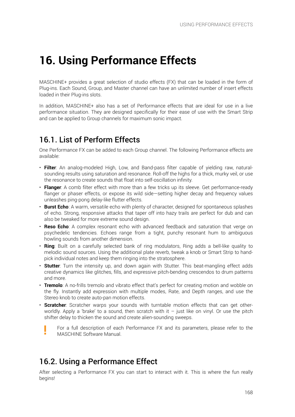 Using performance effects, List of perform effects, Using a performance effect | Using, Performance effects | Native Instruments MASCHINE+ Standalone Production and Performance Instrument User Manual | Page 175 / 215