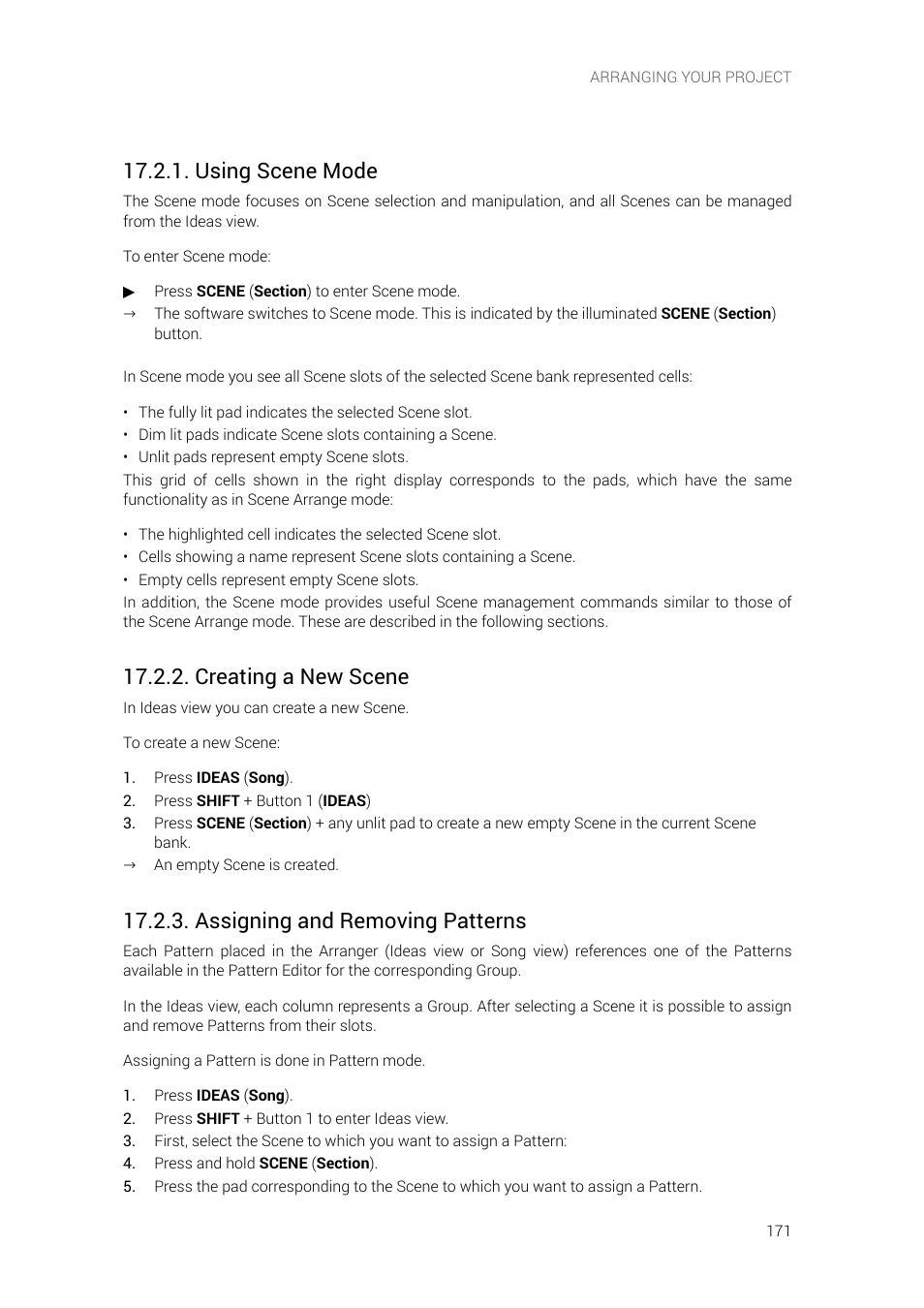 Using scene mode, Creating a new scene, Assigning and removing patterns | Native Instruments MASCHINE+ Standalone Production and Performance Instrument User Manual | Page 178 / 215