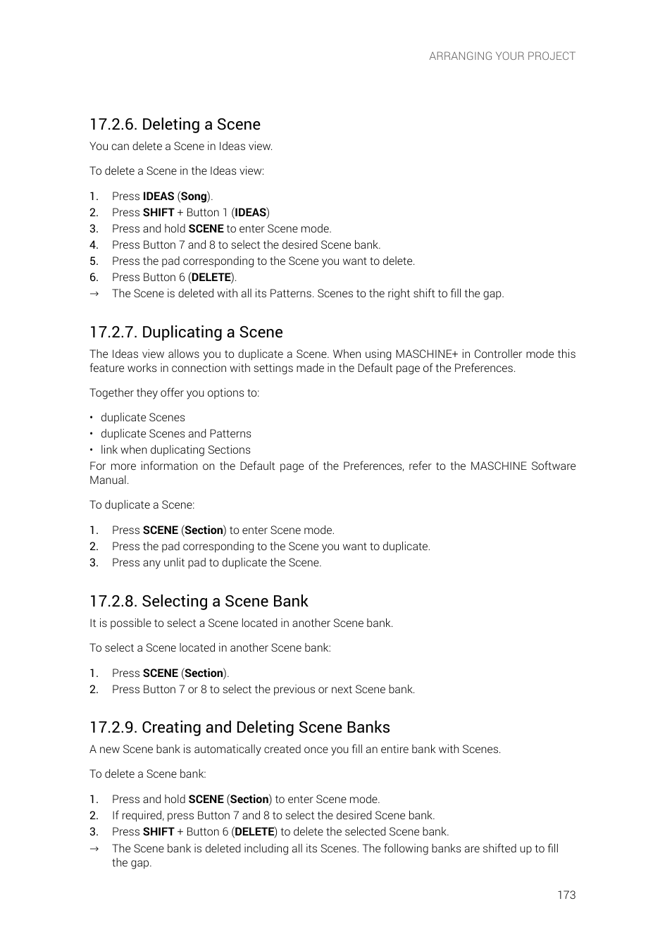 Deleting a scene, Duplicating a scene, Selecting a scene bank | Creating and deleting scene banks | Native Instruments MASCHINE+ Standalone Production and Performance Instrument User Manual | Page 180 / 215