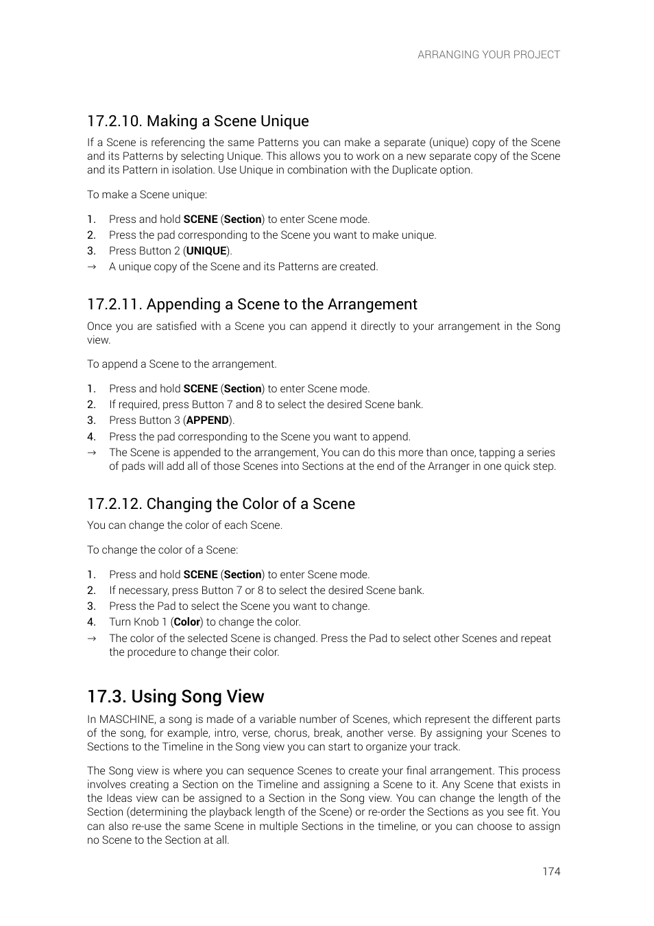 Making a scene unique, Appending a scene to the arrangement, Changing the color of a scene | Using song view, E information, see | Native Instruments MASCHINE+ Standalone Production and Performance Instrument User Manual | Page 181 / 215
