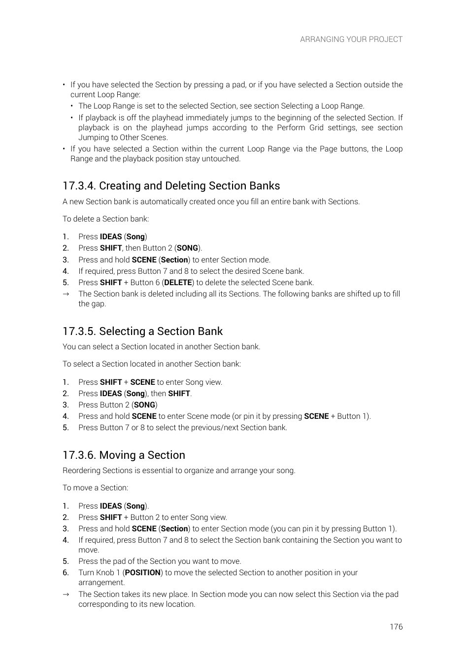 Creating and deleting section banks, Selecting a section bank, Moving a section | Native Instruments MASCHINE+ Standalone Production and Performance Instrument User Manual | Page 183 / 215