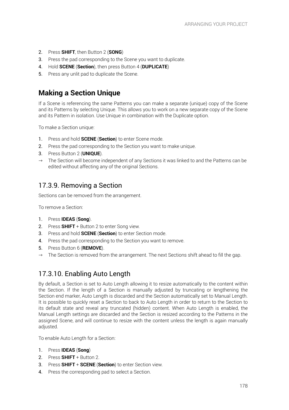 Making a section unique, Removing a section, Enabling auto length | Native Instruments MASCHINE+ Standalone Production and Performance Instrument User Manual | Page 185 / 215