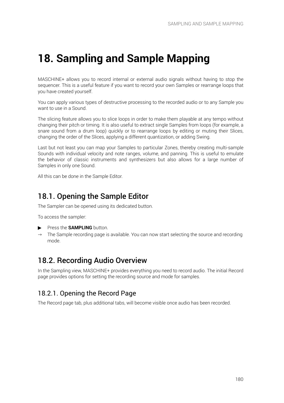 Sampling and sample mapping, Opening the sample editor, Recording audio overview | Opening the record page | Native Instruments MASCHINE+ Standalone Production and Performance Instrument User Manual | Page 187 / 215