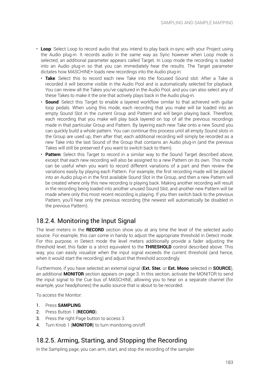 Monitoring the input signal, Arming, starting, and stopping the recording | Native Instruments MASCHINE+ Standalone Production and Performance Instrument User Manual | Page 190 / 215