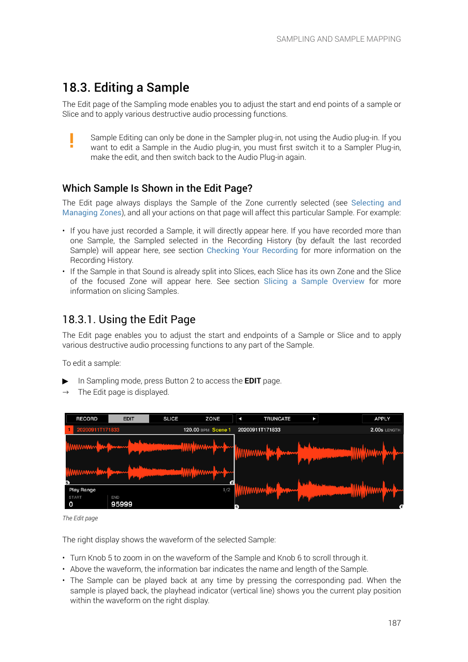Editing a sample, Using the edit page, Which sample is shown in the edit page | Native Instruments MASCHINE+ Standalone Production and Performance Instrument User Manual | Page 194 / 215