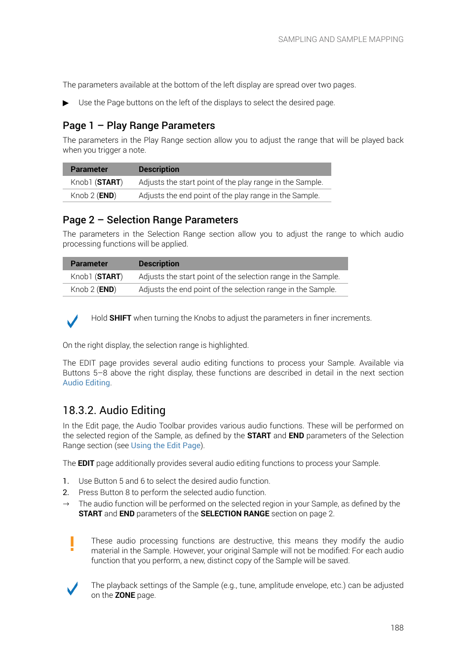 Audio editing, Page 1 – play range parameters, Page 2 – selection range parameters | Native Instruments MASCHINE+ Standalone Production and Performance Instrument User Manual | Page 195 / 215