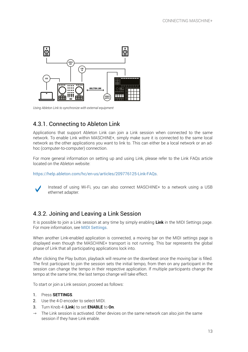 Connecting to ableton link, Joining and leaving a link session | Native Instruments MASCHINE+ Standalone Production and Performance Instrument User Manual | Page 20 / 215