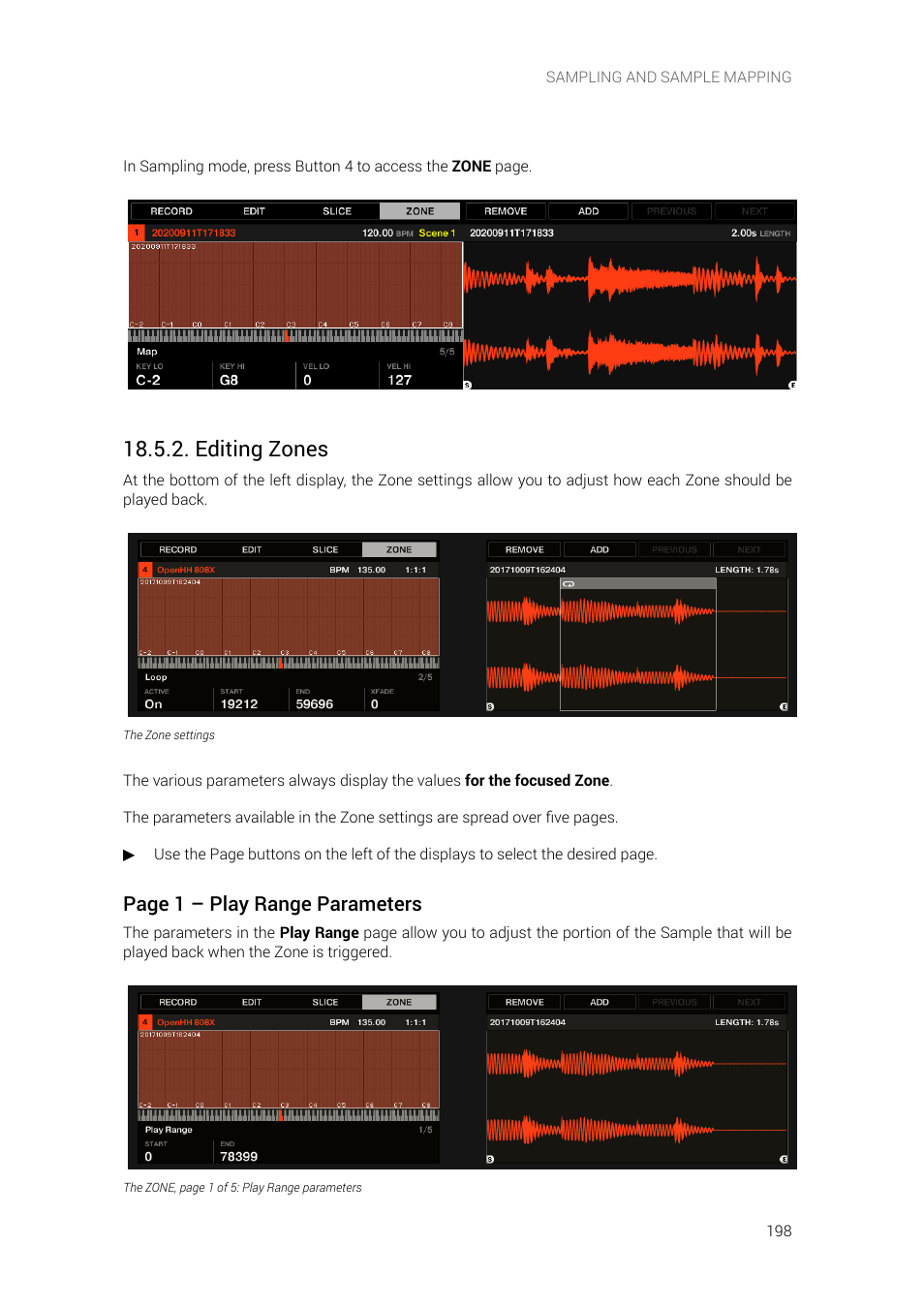 Editing zones, Page 1 – play range parameters | Native Instruments MASCHINE+ Standalone Production and Performance Instrument User Manual | Page 205 / 215