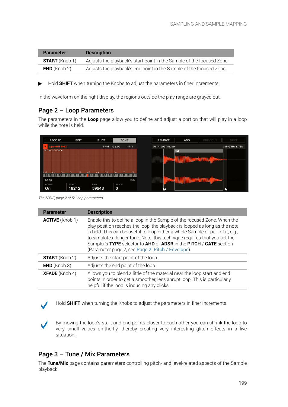 Page 2 – loop parameters, Page 3 – tune / mix parameters | Native Instruments MASCHINE+ Standalone Production and Performance Instrument User Manual | Page 206 / 215
